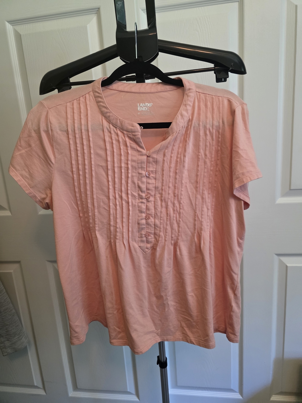 Lands' End Peach-Pink Pintuck Short Sleeve Blouse